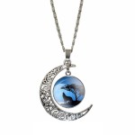 RTD-3686 : Wolf On Lakeshore Blue Dusk Pendant Crescent Moon Necklace at Magic Party Supply