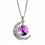 Wolf On Plains Purple Dusk Pendant Crescent Moon Necklace